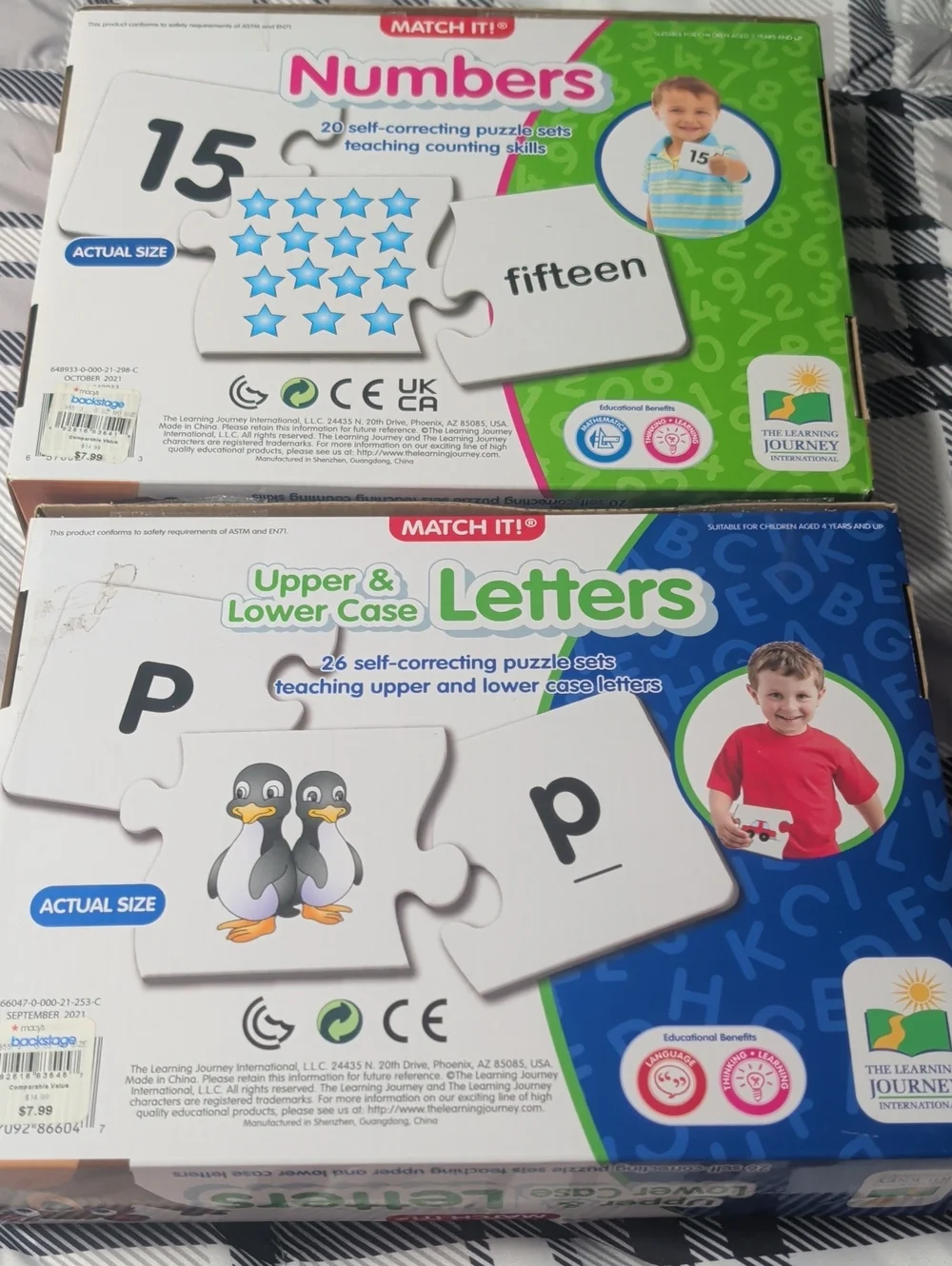 Set Of 2 Match It Self Correcting Puzzles, Letter And Numbers, Used